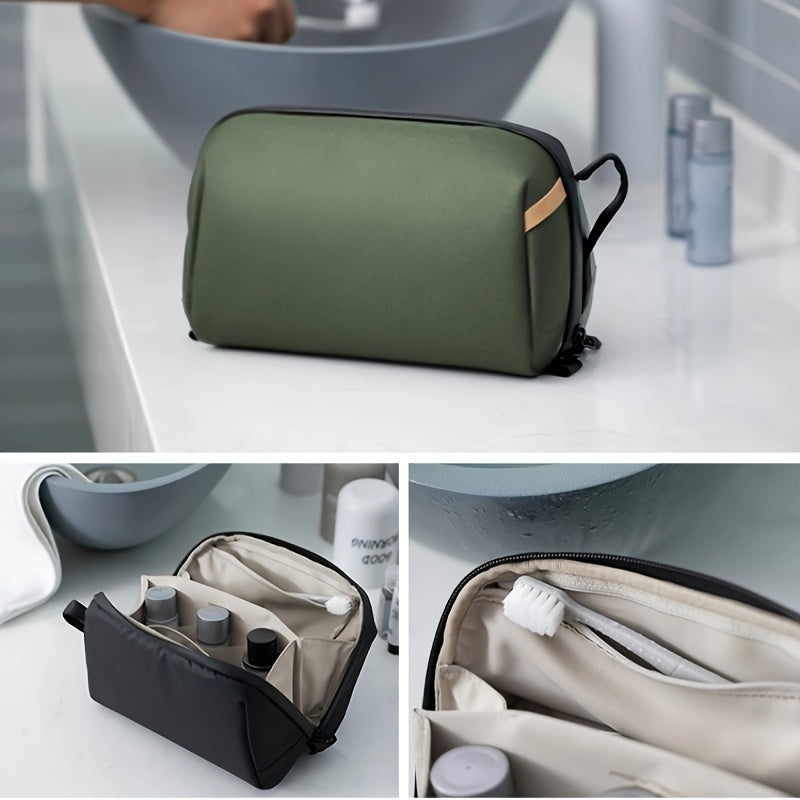 Borsa da toilette verde e nera con scomparti interni, ideale per viaggi. Include flaconi e spazzolino. Design elegante e funzionale per organizzare accessori bagno.