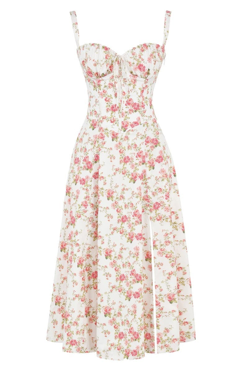 Abito estivo floreale donna, bianco con stampa rosa, scollo a cuore, spalline sottili, lunghezza midi, elegante e femminile, moda primavera estate.