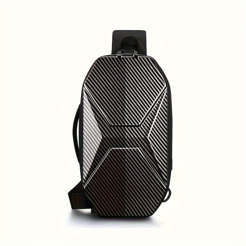 Zaino monospalla in fibra di carbonio, design moderno e resistente, ideale per viaggi e uso quotidiano. Tasche multiple, stile elegante e funzionale.