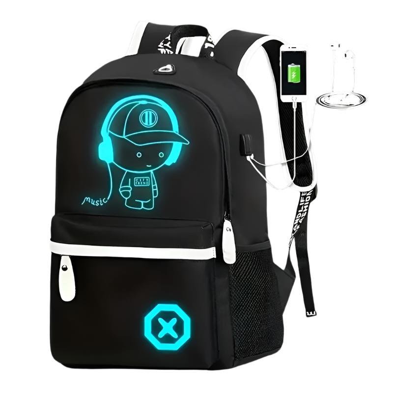 Zaino nero con design luminoso a LED, personaggio stilizzato, porta USB integrata, ideale per scuola e viaggi. Tasche multiple, stile moderno.