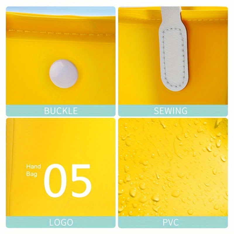 Borsa gialla in PVC con dettagli: fibbia bianca, cuciture resistenti, logo "Hand Bag 05". Design impermeabile e moderno.