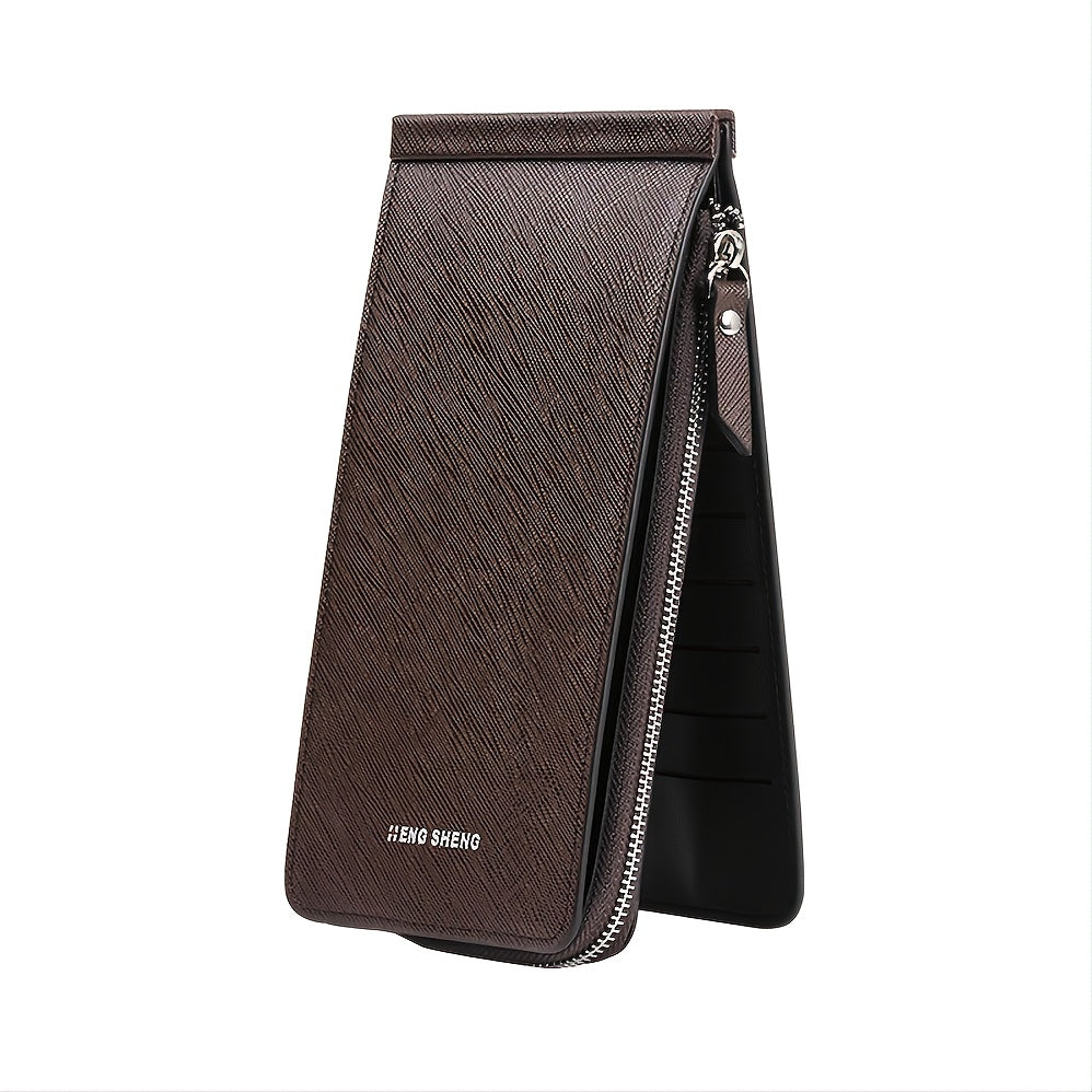 Portafoglio uomo in pelle marrone, design verticale, con cerniera e scomparti multipli. Elegante e funzionale, ideale per carte e contanti.