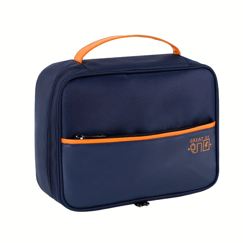 Borsa termica pranzo blu con manico arancione, tasca frontale con cerniera. Ideale per ufficio, scuola, picnic. Design compatto e resistente.