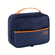 Borsa termica pranzo blu con manico arancione, tasca frontale con cerniera. Ideale per ufficio, scuola, picnic. Design compatto e resistente.