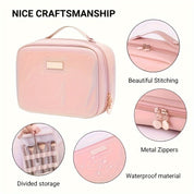 Borsa da trucco rosa con cerniere in metallo, cuciture eleganti, materiale impermeabile e scomparti divisi. Ideale per organizzare cosmetici.