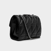 Borsa a tracolla nera in pelle trapuntata con catena argentata, design elegante e moderno, accessorio moda donna, perfetta per ogni occasione.