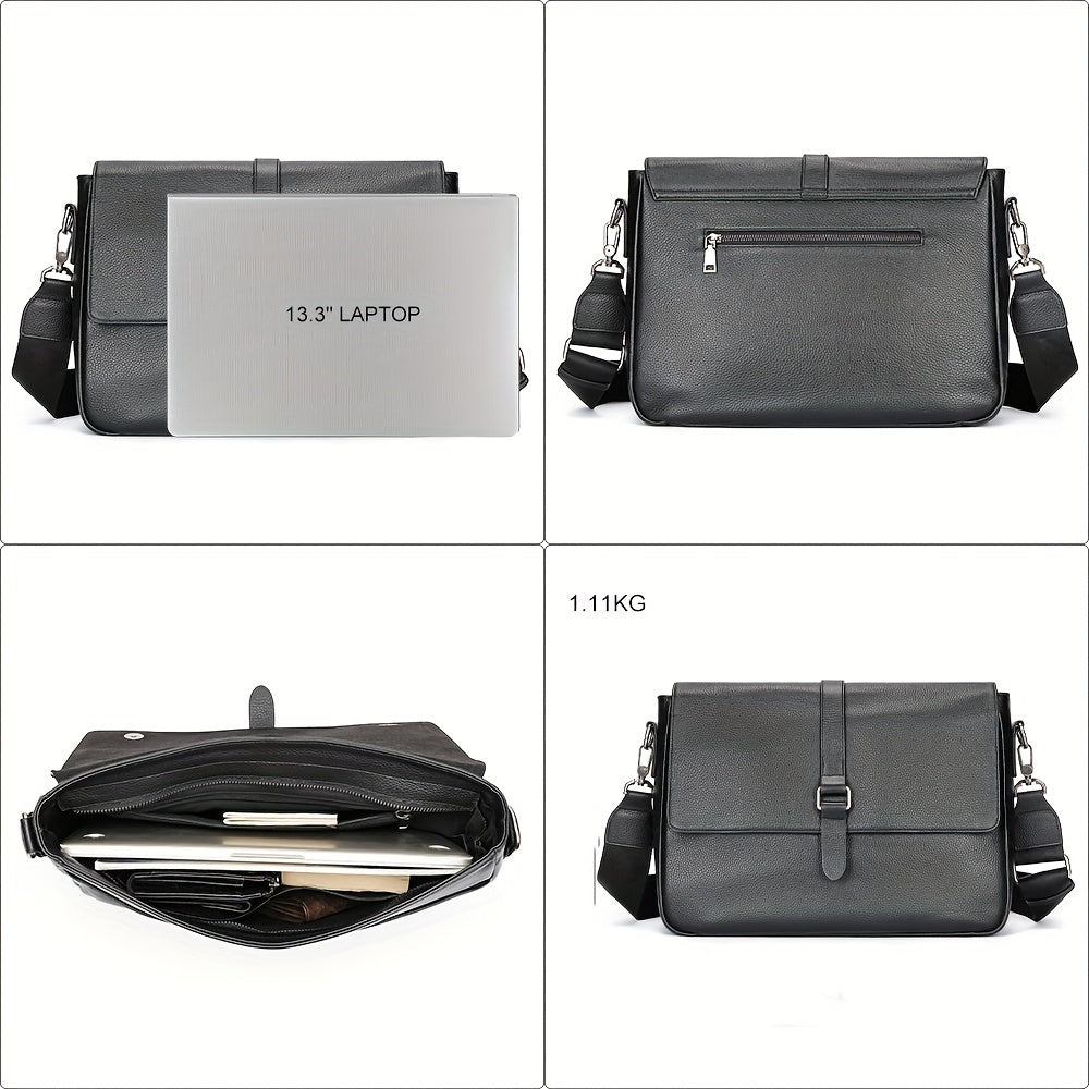 Borsa a tracolla in pelle nera per laptop 13.3 pollici, con tasca frontale con zip, tracolla regolabile, design elegante, peso 1.11 kg.