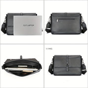 Borsa a tracolla in pelle nera per laptop 13.3 pollici, con tasca frontale con zip, tracolla regolabile, design elegante, peso 1.11 kg.