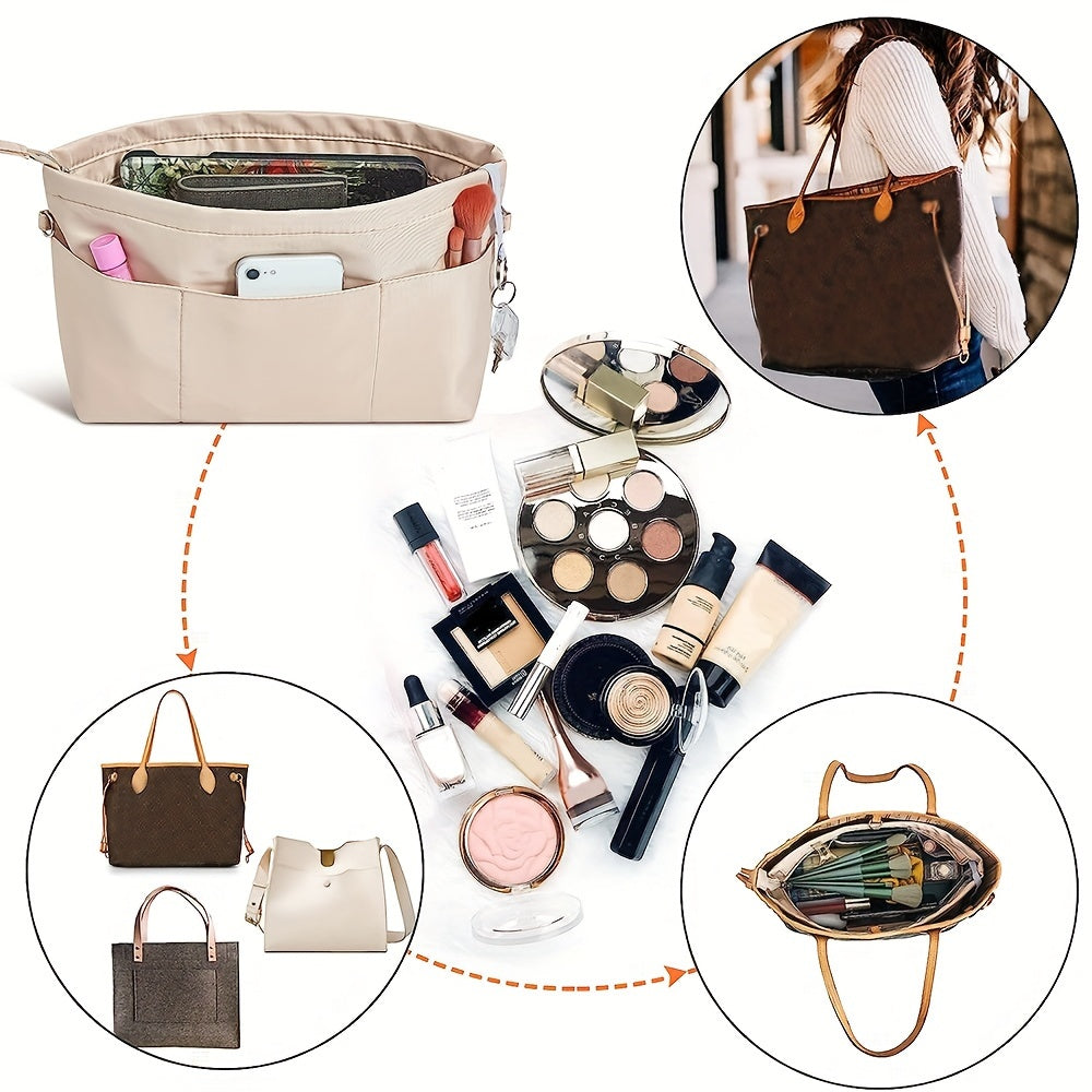 Organizer per borsa beige con tasche multiple, ideale per cosmetici e accessori. Perfetto per borse a mano, ottimizza spazio e ordine.