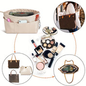 Organizer per borsa beige con tasche multiple, ideale per cosmetici e accessori. Perfetto per borse a mano, ottimizza spazio e ordine.