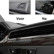 Cruscotto auto con bocchette aria condizionata: confronto prima e dopo l'installazione di coperture in fibra di carbonio. Accessori interni auto.