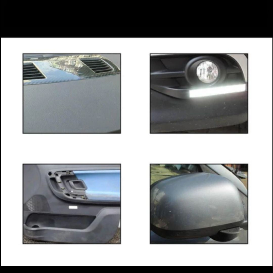 Quattro immagini di dettagli auto: cruscotto in fibra di carbonio, fendinebbia LED, maniglia portiera interna, specchietto retrovisore laterale.