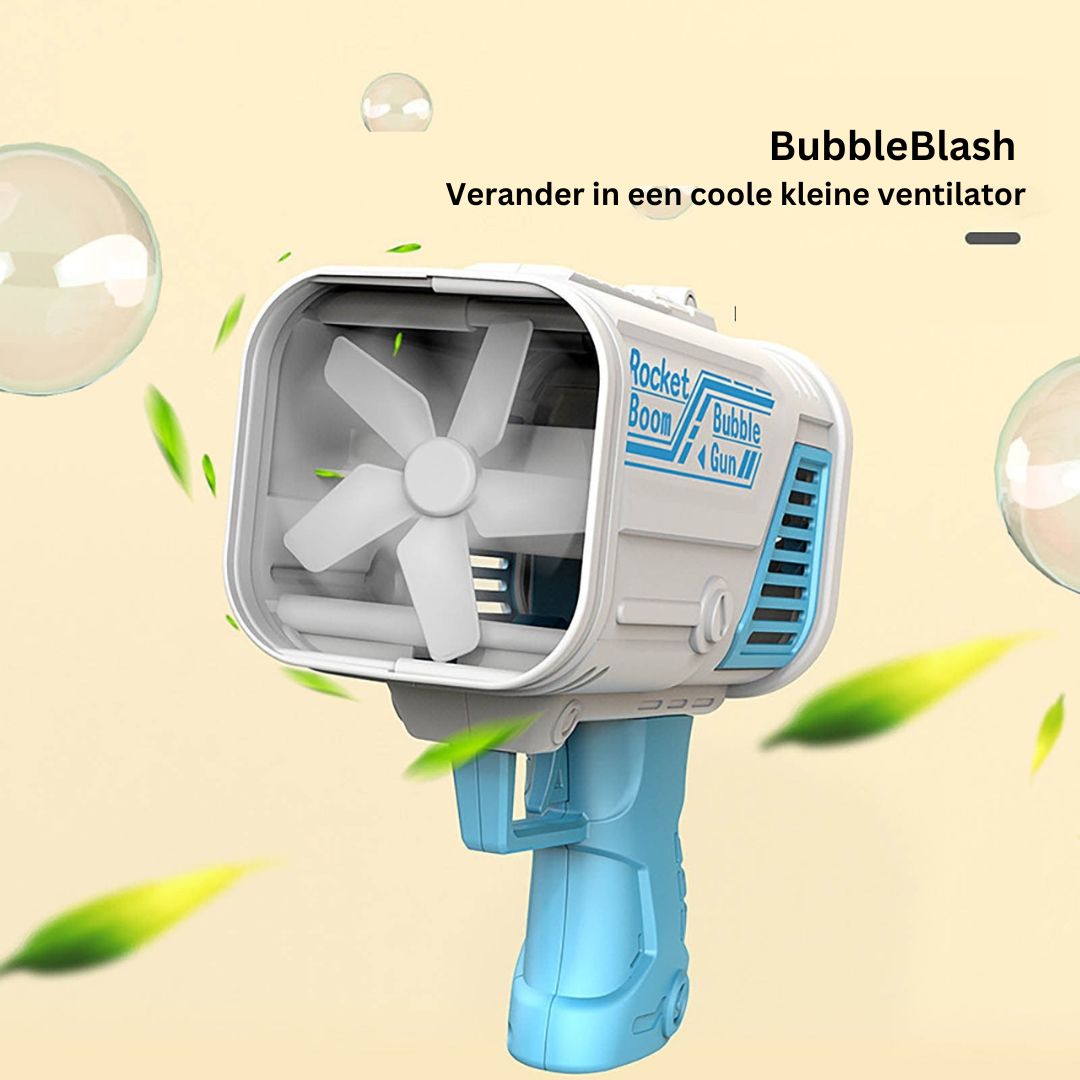 Pistola sparabolle giocattolo con ventilatore integrato, design moderno, colore blu e bianco, ideale per bambini, divertimento all'aperto.