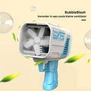 Pistola sparabolle giocattolo con ventilatore integrato, design moderno, colore blu e bianco, ideale per bambini, divertimento all'aperto.
