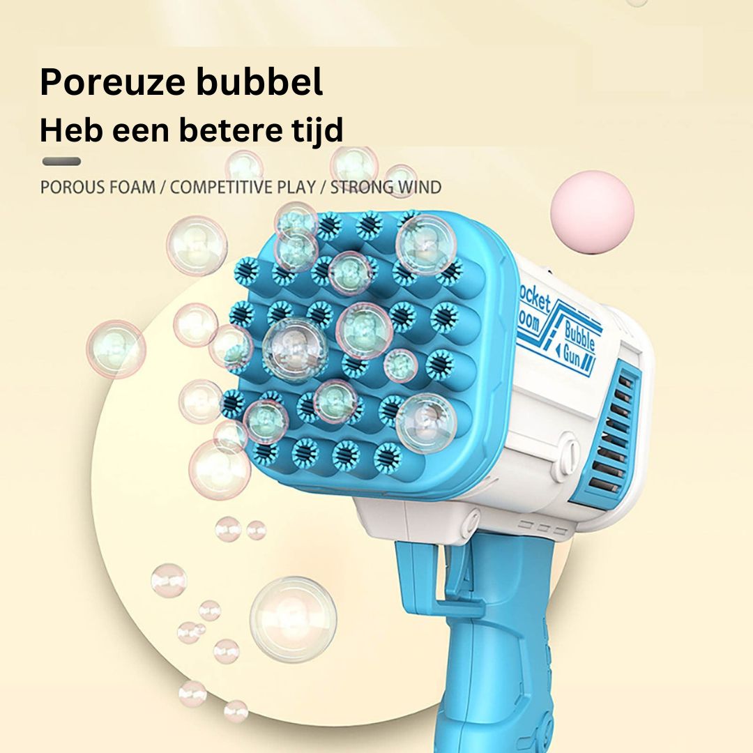 Pistola sparabolle blu con design innovativo, schiuma porosa, gioco competitivo, vento forte. Giocattolo per bambini, divertimento all'aperto.