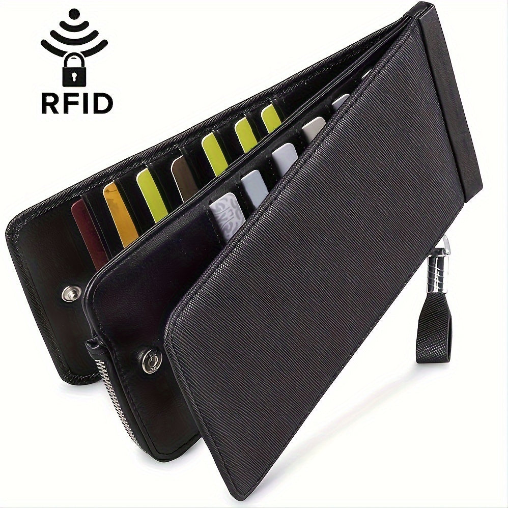 Portafoglio nero in pelle con protezione RFID, scomparti per carte di credito, chiusura a zip, design elegante e sicuro per uomo e donna.