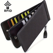 Portafoglio nero in pelle con protezione RFID, scomparti per carte di credito, chiusura a zip, design elegante e sicuro per uomo e donna.