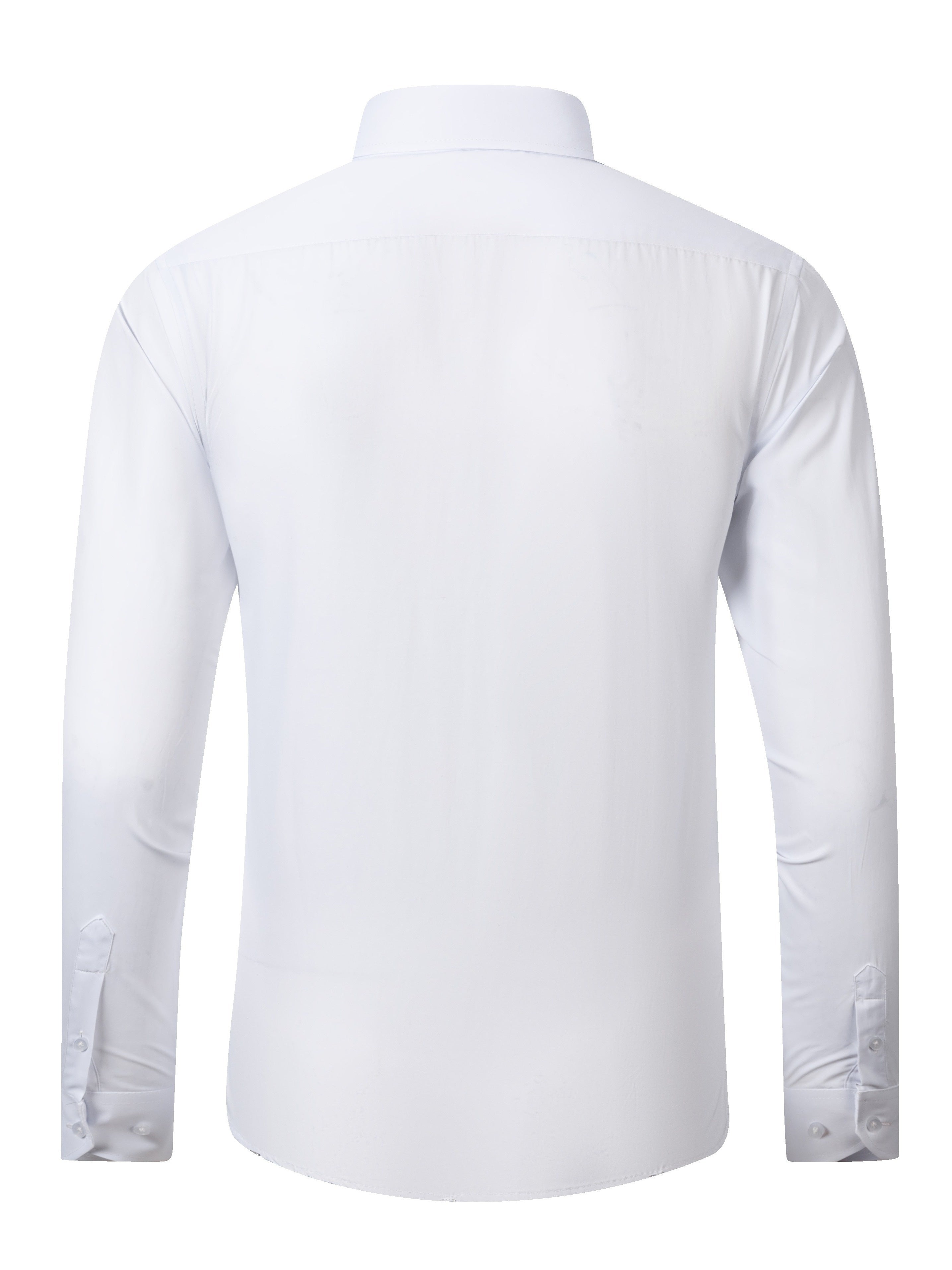 Camicia bianca da uomo a maniche lunghe, vista posteriore. Design classico, colletto tradizionale, ideale per abbigliamento formale o ufficio.