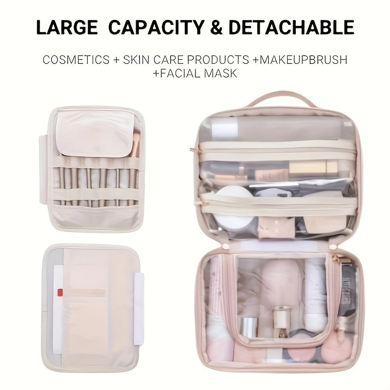 Borsa trucco grande capacità, staccabile, con scomparti per cosmetici, prodotti skincare, pennelli trucco e maschere viso.