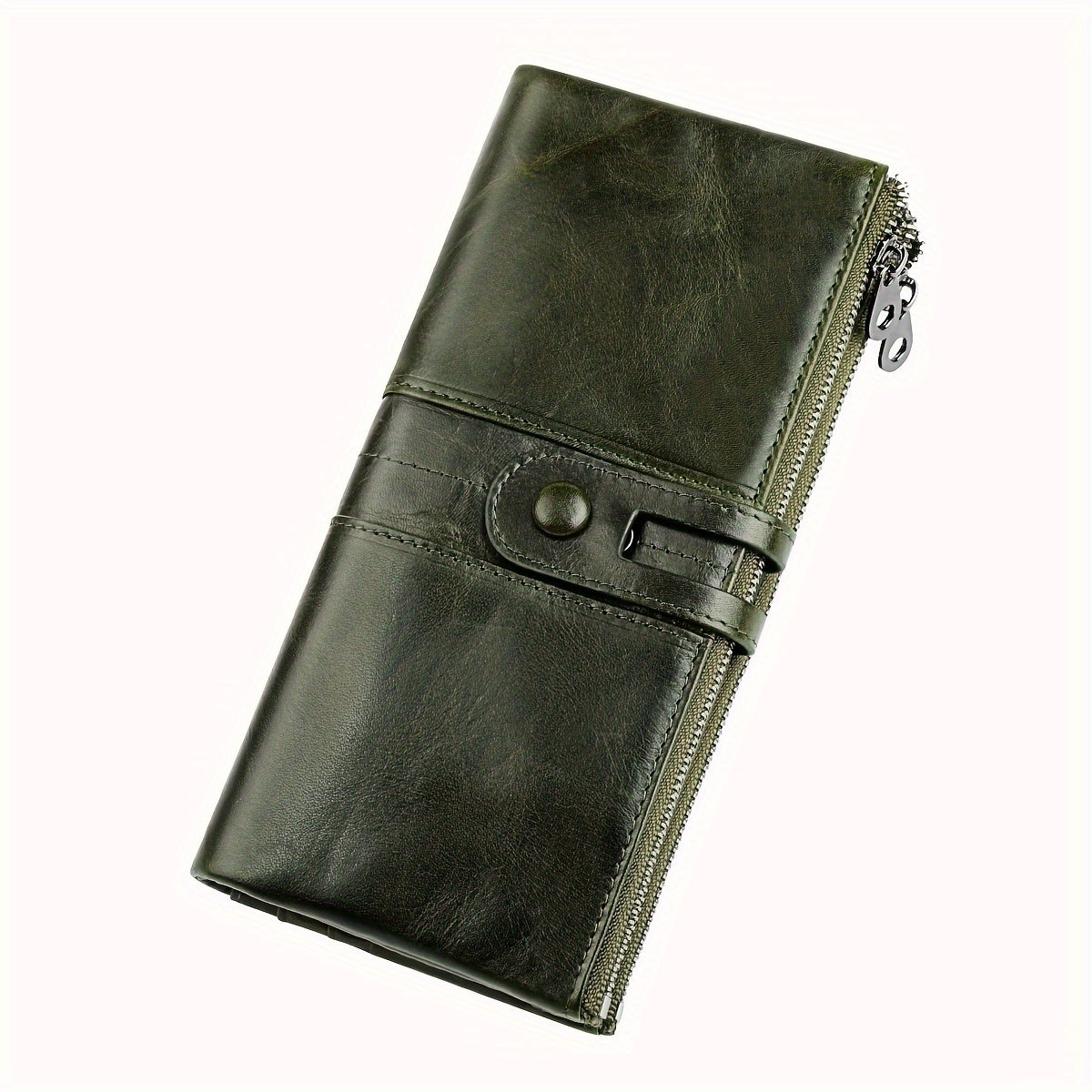 Portafoglio lungo in pelle verde scuro con chiusura a bottone e cerniera laterale, design elegante e funzionale, accessorio moda uomo e donna.
