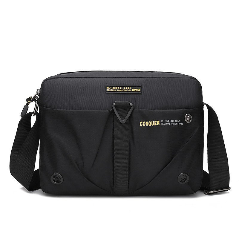 Borsa a tracolla nera unisex, design moderno, tasche multiple, chiusura zip, materiale resistente all'acqua, ideale per lavoro e viaggio.