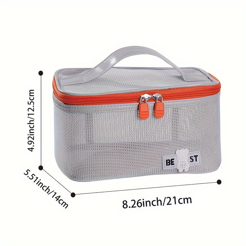 Borsa termica grigia con cerniera arancione, manico superiore, dimensioni 21x14x12,5 cm. Ideale per conservare cibi e bevande fresche.