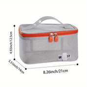 Borsa termica grigia con cerniera arancione, manico superiore, dimensioni 21x14x12,5 cm. Ideale per conservare cibi e bevande fresche.