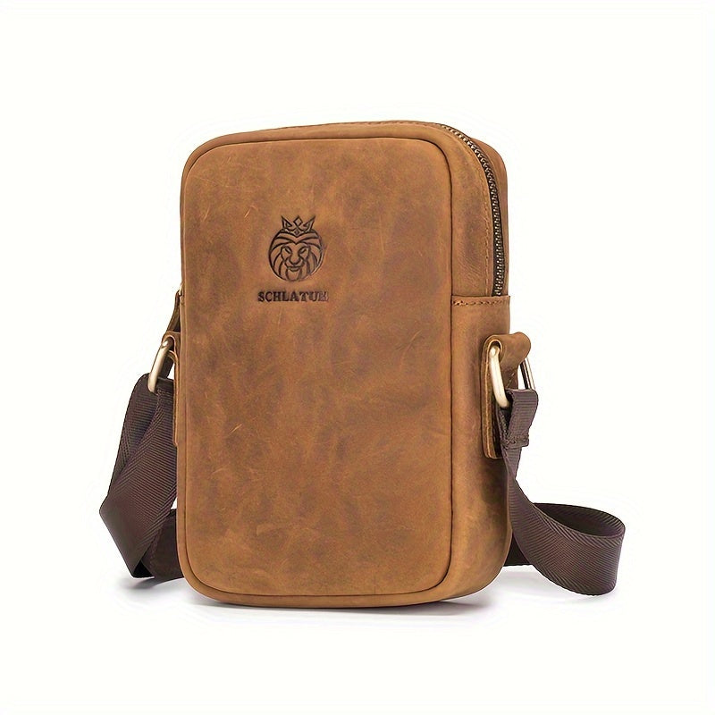 Borsa a tracolla in pelle marrone, design compatto, con cerniera e logo inciso. Ideale per uomo, stile casual ed elegante.