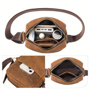 Marsupio in pelle marrone con cerniera aperta, mostra scomparti interni con power bank, bottiglia e fazzoletti. Design elegante e pratico per viaggi.