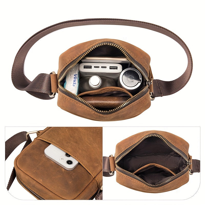 Marsupio in pelle marrone con cerniera aperta, mostra scomparti interni con power bank, bottiglia e fazzoletti. Design elegante e pratico per viaggi.