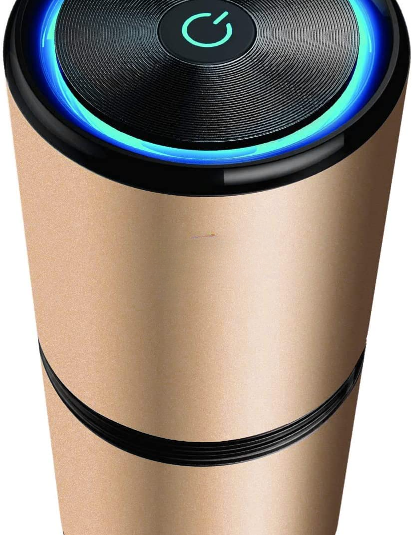 Purificatore d'aria portatile dorato con luce LED blu, design cilindrico moderno, pulsante di accensione centrale. Ideale per casa e ufficio.