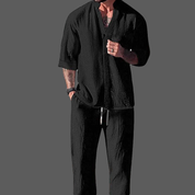  Set da uomo da uomo-miscela di lino di cotone-Top e pantaloni da top a manica lunga-2