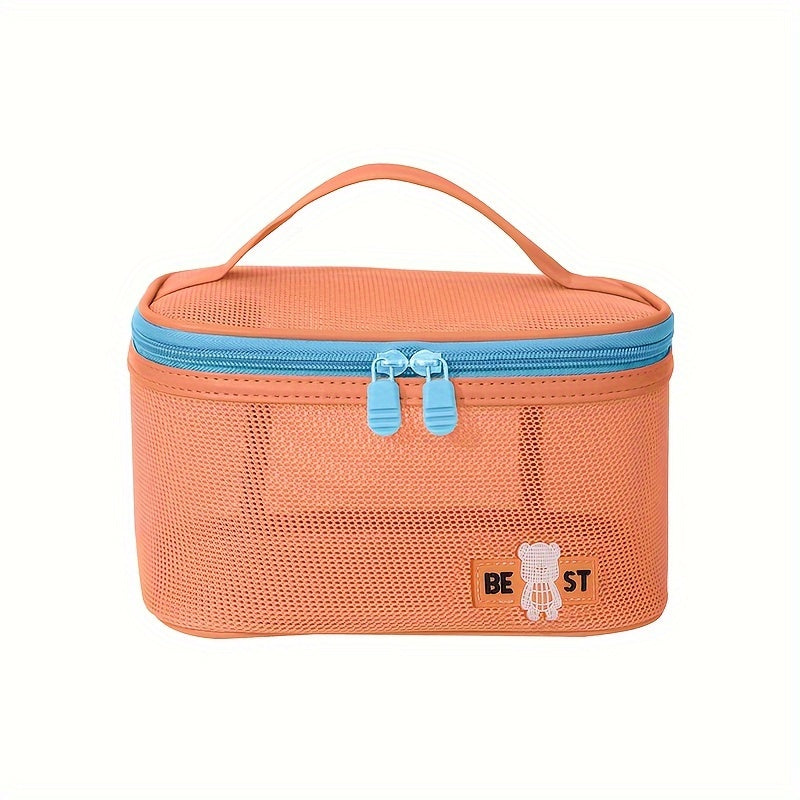 Borsa da toilette arancione con cerniera blu, manico superiore e design a rete. Ideale per viaggi, organizzazione cosmetici e accessori bagno.