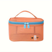 Borsa da toilette arancione con cerniera blu, manico superiore e design a rete. Ideale per viaggi, organizzazione cosmetici e accessori bagno.