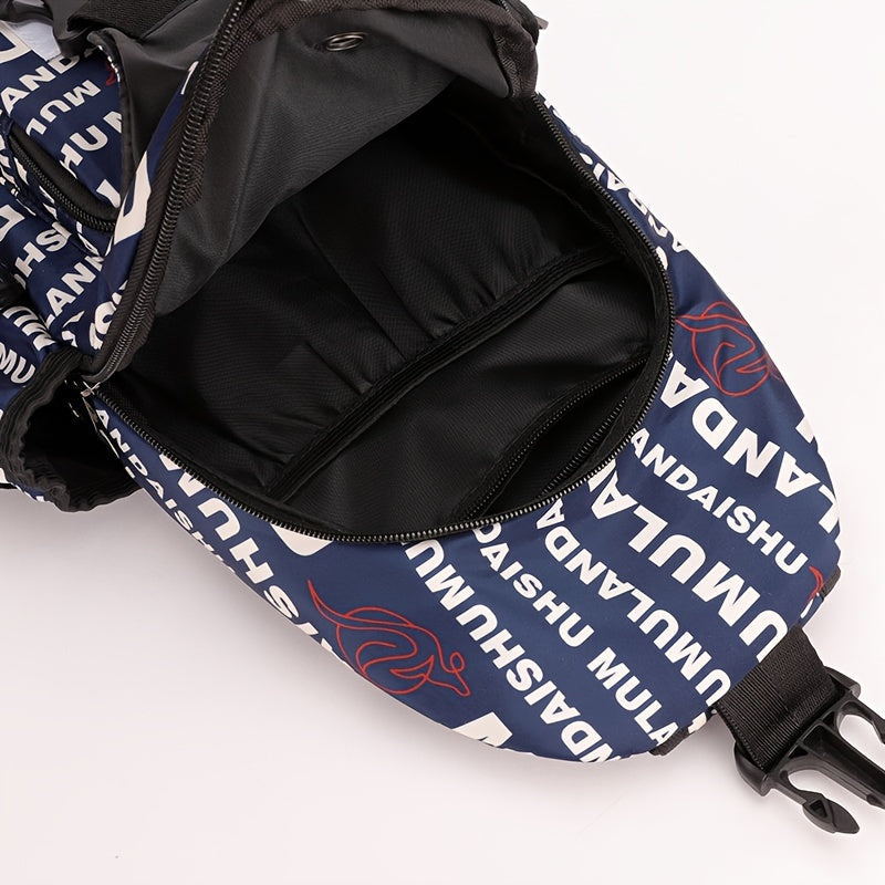 Zaino sportivo blu con scritte bianche, tasca principale aperta, design moderno, ideale per viaggi e attività all'aperto.