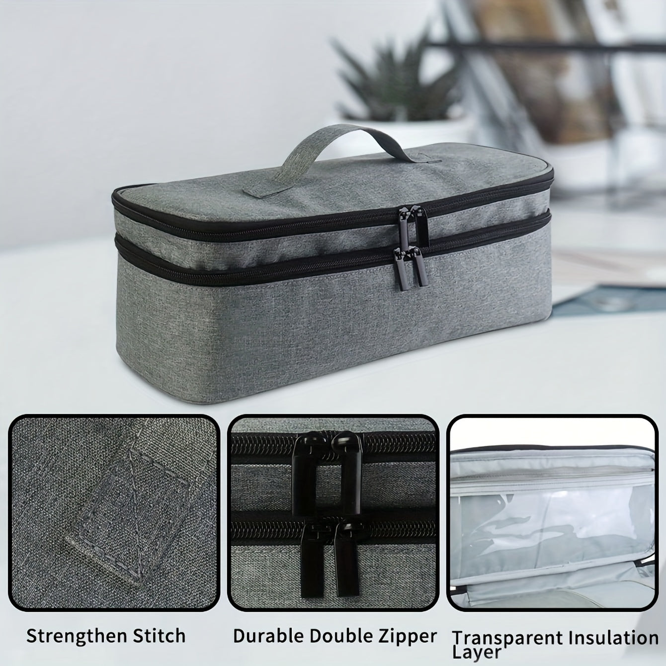 Borsa termica grigia con doppia cerniera resistente, cuciture rinforzate e strato isolante trasparente. Ideale per conservare cibi e bevande.