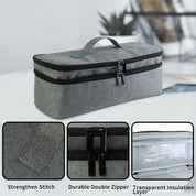 Borsa termica grigia con doppia cerniera resistente, cuciture rinforzate e strato isolante trasparente. Ideale per conservare cibi e bevande.