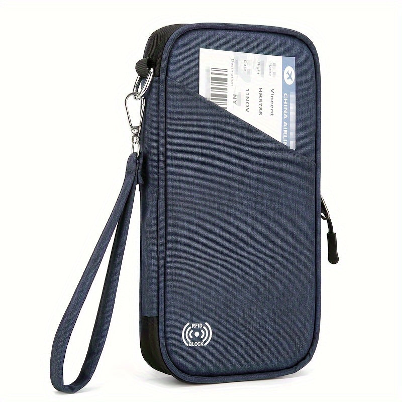 Custodia da viaggio blu con protezione RFID, tasca frontale per passaporto e biglietti, cinturino da polso, ideale per documenti e carte di credito.