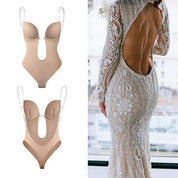 Body shaper color carne con spalline regolabili, design senza schiena, ideale per abiti da sposa aderenti. Intimo modellante invisibile.