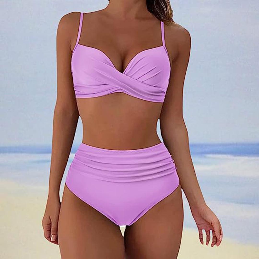 Costume da bagno donna due pezzi viola, reggiseno con spalline sottili e slip a vita alta, stile mare estivo.