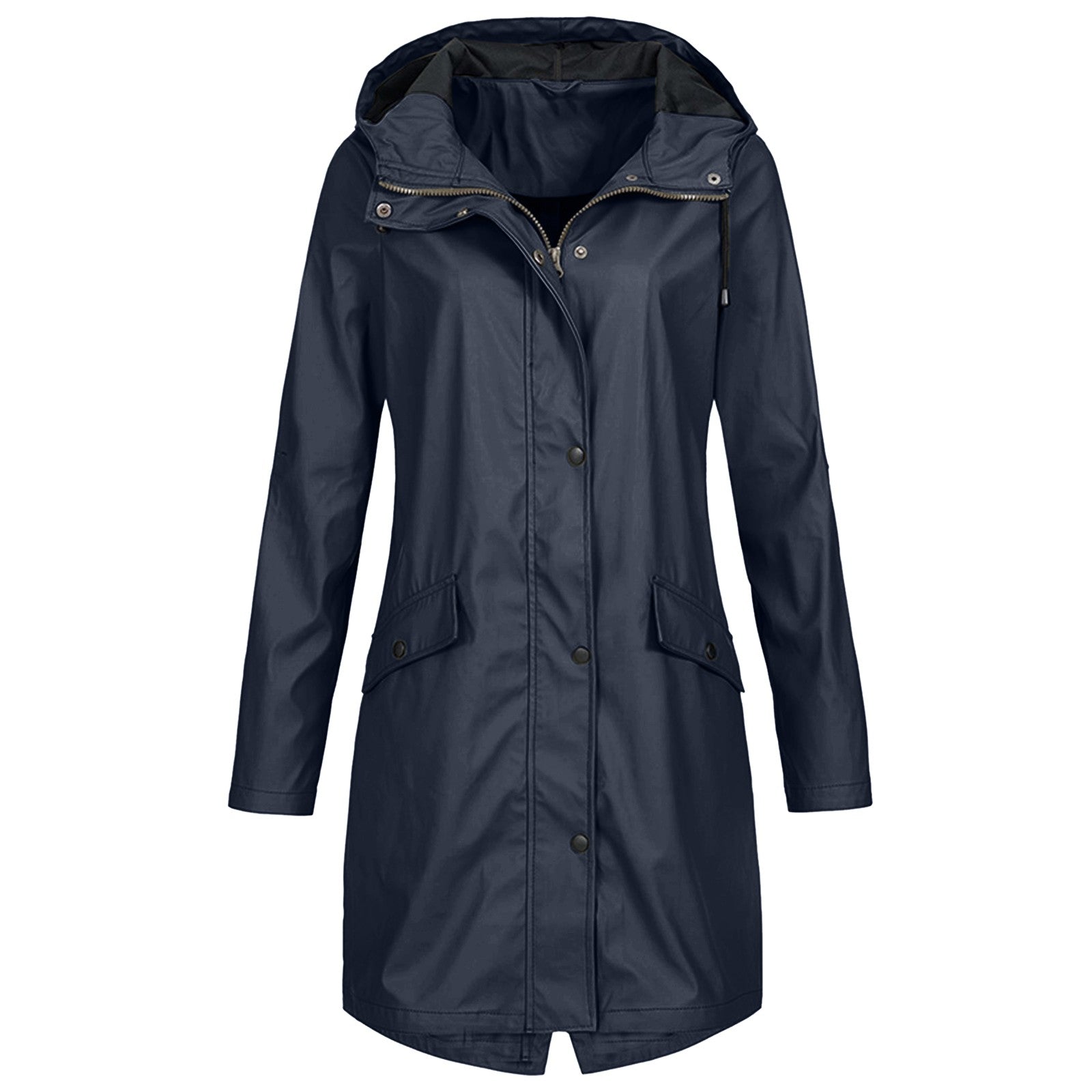 Giacca impermeabile donna blu scuro con cappuccio, chiusura a bottoni e tasche frontali. Elegante e funzionale per pioggia e outdoor.