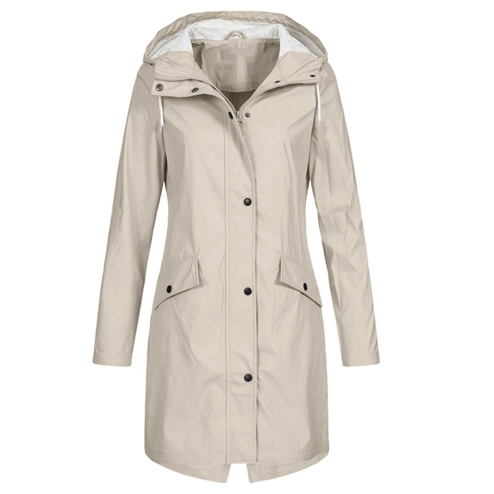 Cappotto impermeabile beige da donna con cappuccio, chiusura a bottoni, tasche frontali. Elegante e pratico per pioggia e vento.