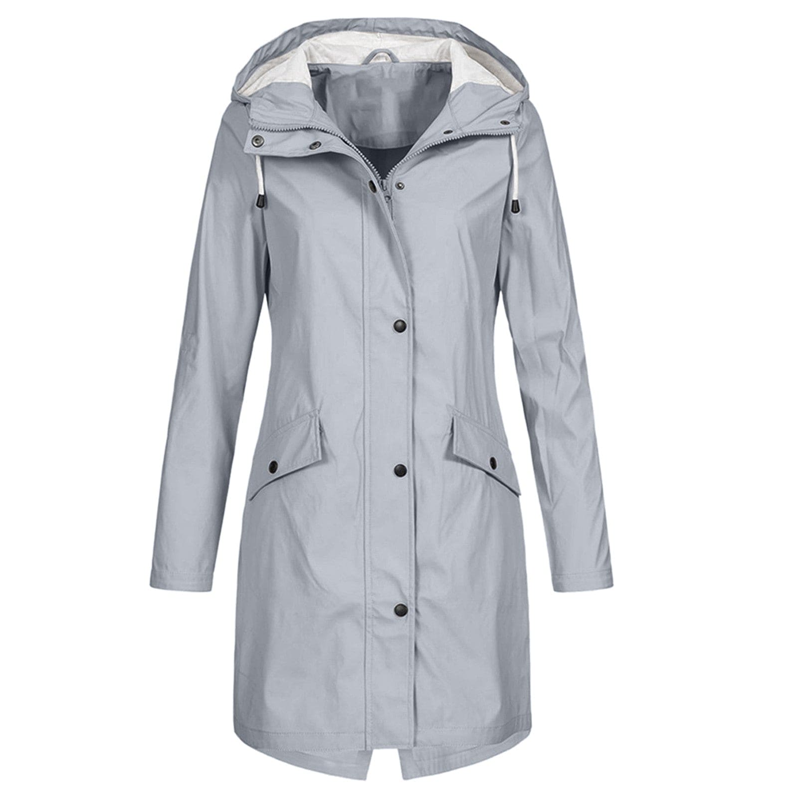 Giacca impermeabile donna grigia con cappuccio, chiusura a bottoni, tasche frontali. Elegante e pratica per pioggia e vento.