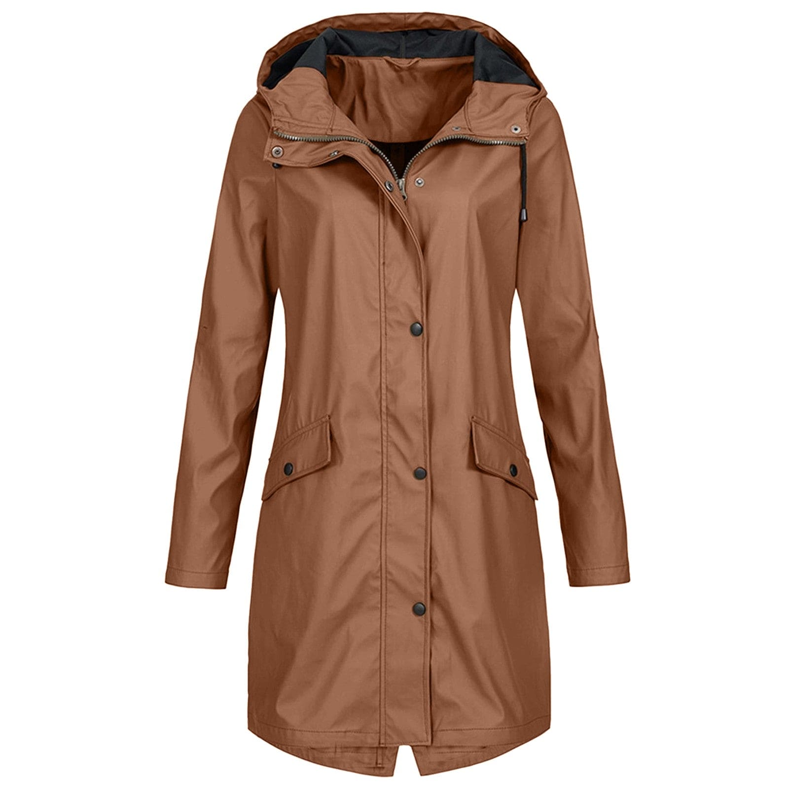 Giacca impermeabile marrone da donna con cappuccio, chiusura a bottoni, tasche frontali. Elegante e funzionale per pioggia e outdoor.