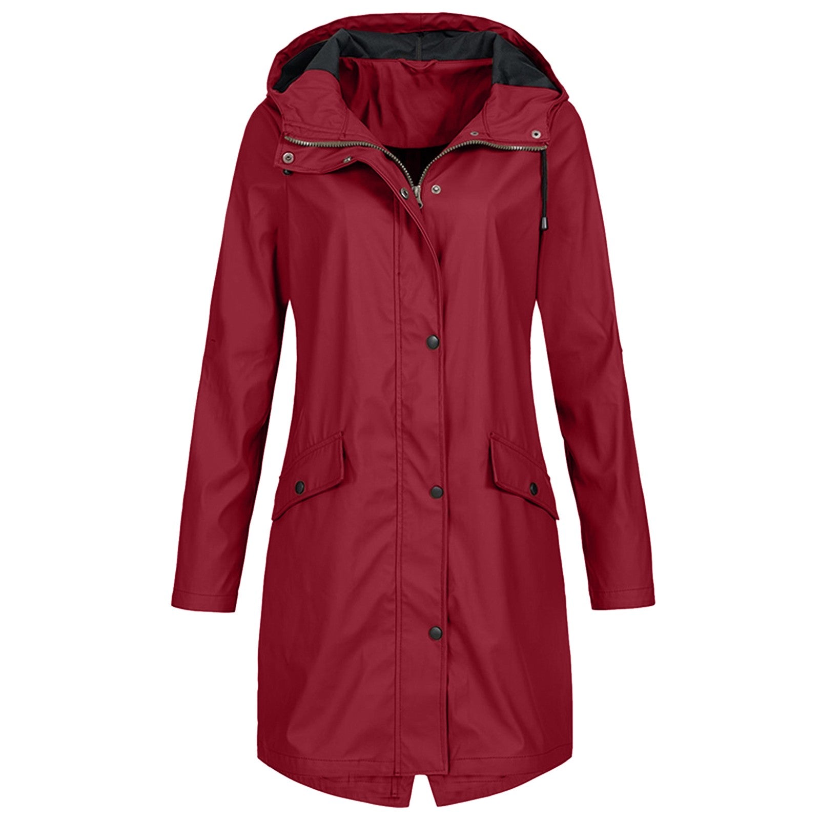 Giacca impermeabile donna rossa con cappuccio, chiusura a bottoni, tasche frontali. Elegante e funzionale per pioggia e outdoor.