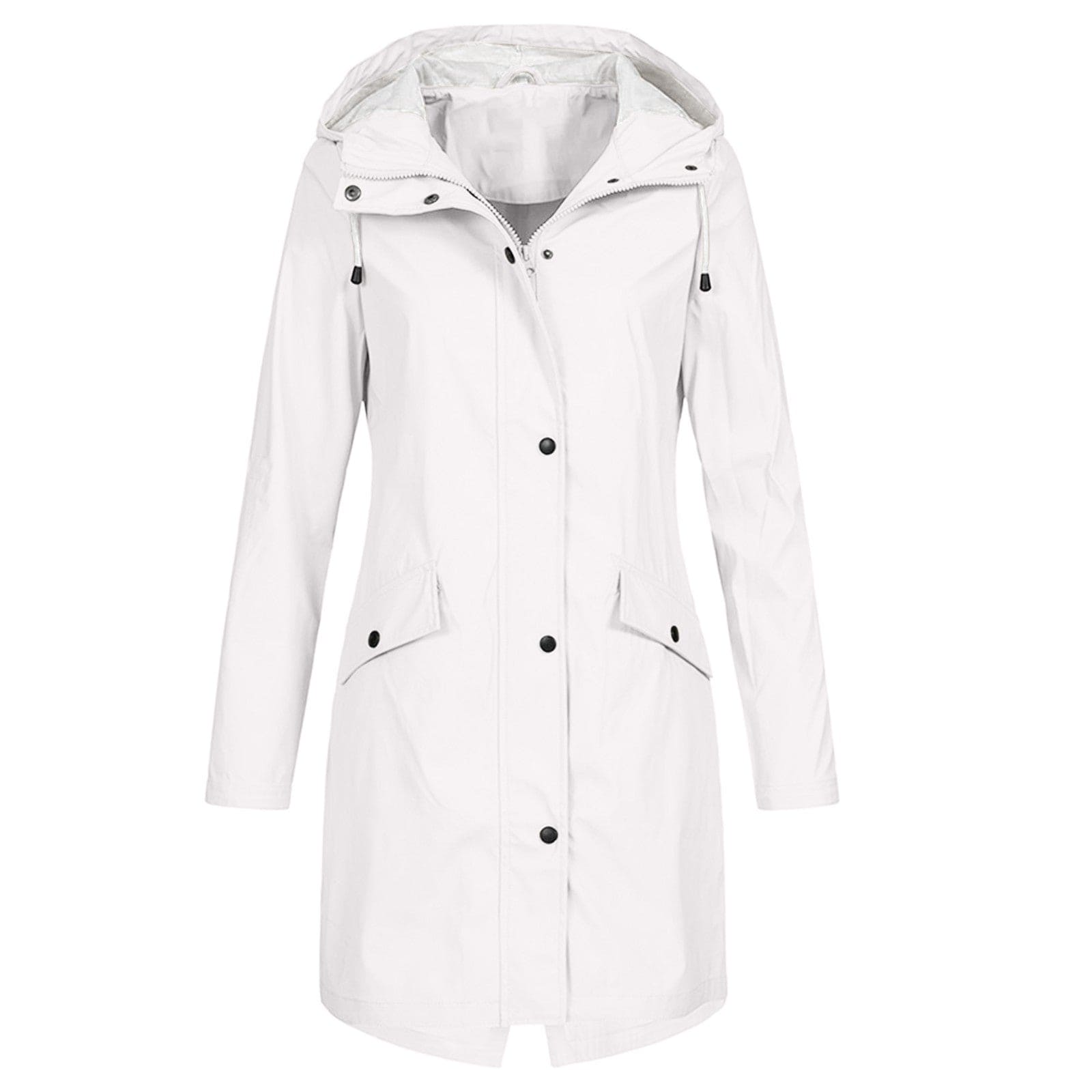 Giacca impermeabile bianca da donna con cappuccio, chiusura a bottoni, tasche frontali. Elegante e pratica per pioggia e vento.