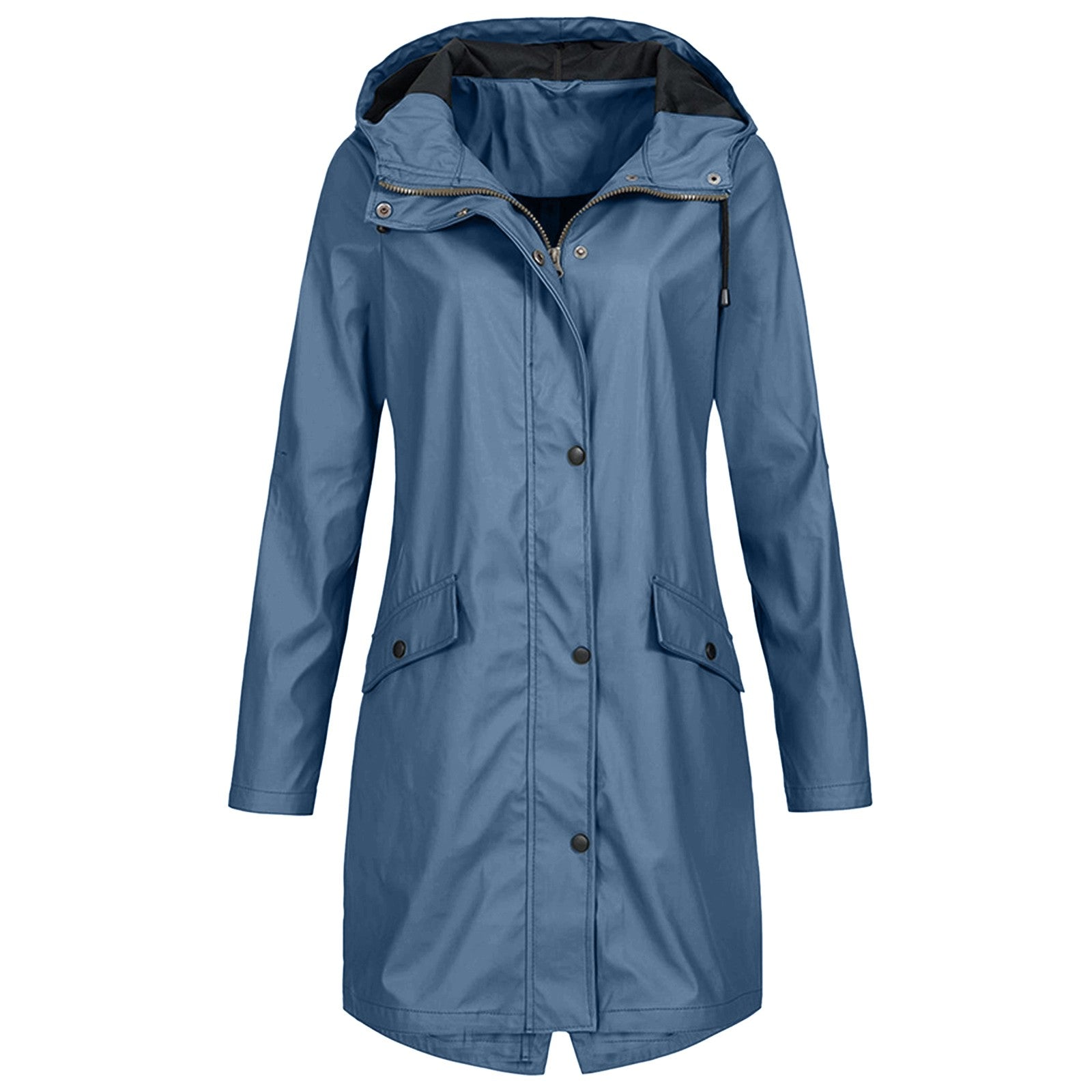 Giacca impermeabile donna blu con cappuccio, chiusura a bottoni, tasche frontali. Elegante e funzionale per pioggia e outdoor.