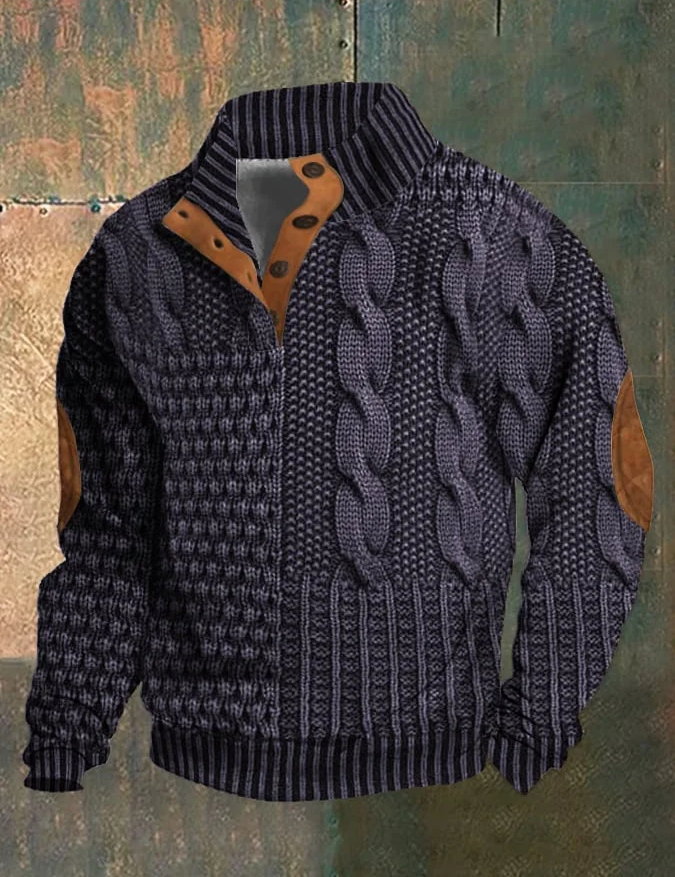 Giacca in maglia a trecce blu scuro con dettagli in pelle marrone, colletto alto e chiusura a bottoni. Design elegante e moderno per l'inverno.