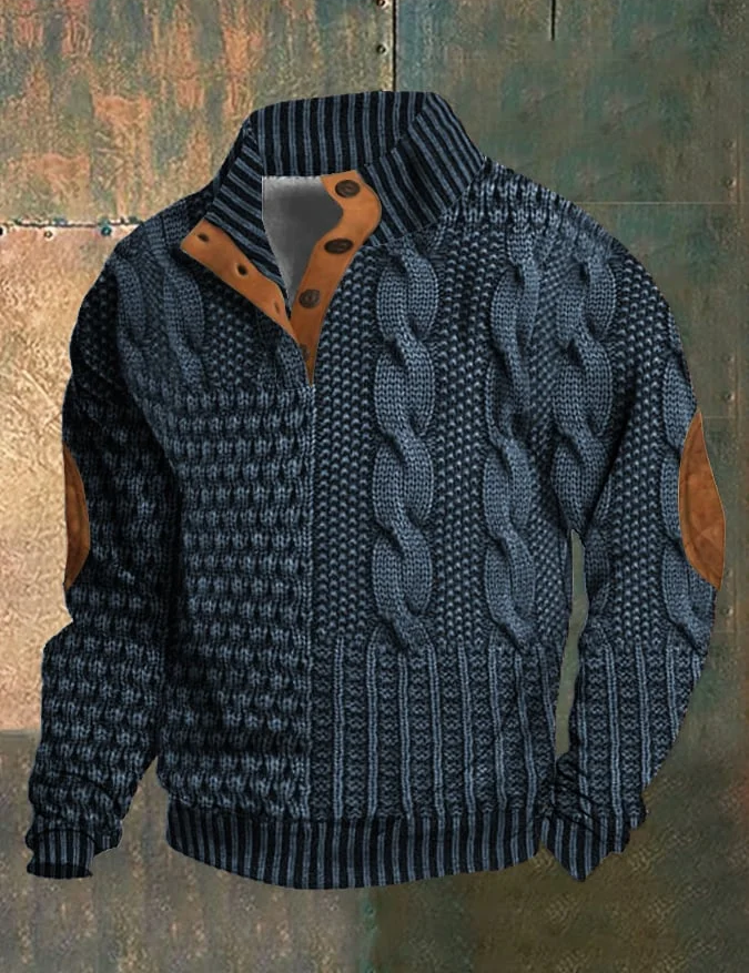 Maglione invernale uomo, lavorato a maglia blu con motivo a trecce, colletto alto, dettagli in pelle marrone, stile casual elegante.