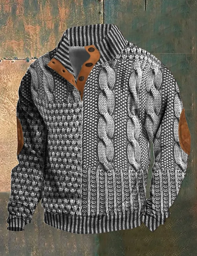 Giacca invernale uomo, design patchwork maglia intrecciata, dettagli in pelle marrone, stile casual, moda autunno-inverno, tessuto caldo.
